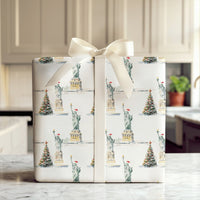 NYC Christmas Tree Gift Wrap, Statue of Liberty Wrapping Paper, New York Holiday Wrapping Paper, Watercolor City Winter Present Paper