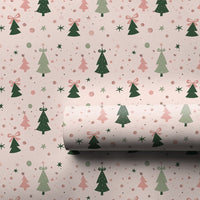 Whimsical Holiday Tree Gift Wrap, Pink and Green Christmas Wrapping Paper, Bows Stars Wrapping Paper, Pastel Xmas Gift Wrapping Paper