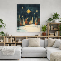Winter Forest with Gold Star Canvas Print, Christmas Starry Night Canvas Art, Holiday Landscape Wall Decor, Comfy Seasonal Canvas Art