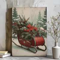 Rustic Red Sled Holiday Canvas Print, Vintage Christmas Sleigh Canvas Wall Art, Winter Pine Wall Decor, Festive Xmas Canvas Art