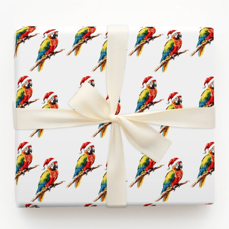 Macaw Tropical Holiday Gift Wrap, Santa Hat Parrot Christmas Wrapping Paper, Adorable Bird Watercolor Wrapping Paper, Xmas Present Wrap