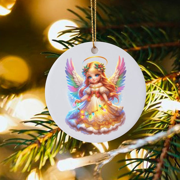 Rainbow Wings Guardian Angel Ornament, Adorable Angel Ceramic Christmas Ornament, Porcelain Holiday Tree Keepsake, Religious 