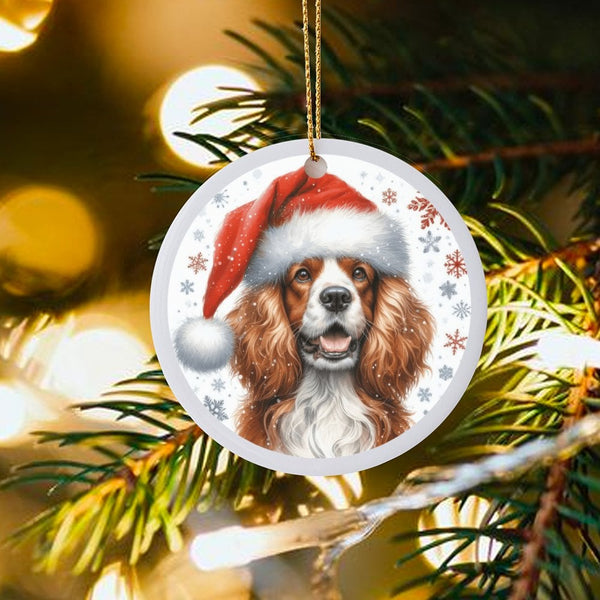 Santa Hat Dog Christmas Ornament, Cavalier King Charles Spaniel Ornament, Puppy Ceramic Ornament, Pet Lover Holiday Tree Keep