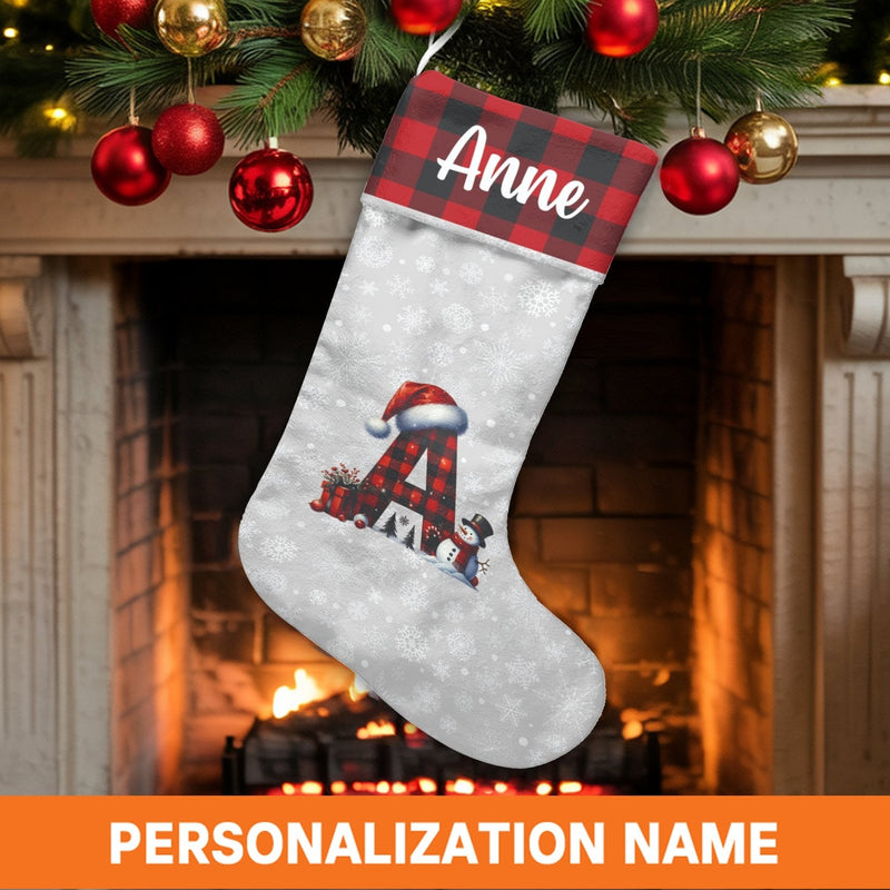 Buffalo Plaid Monogram Stocking, Personalized Letter A Christmas Stocking, Custom Name Holiday Stocking, Rustic Family Christmas Stocking