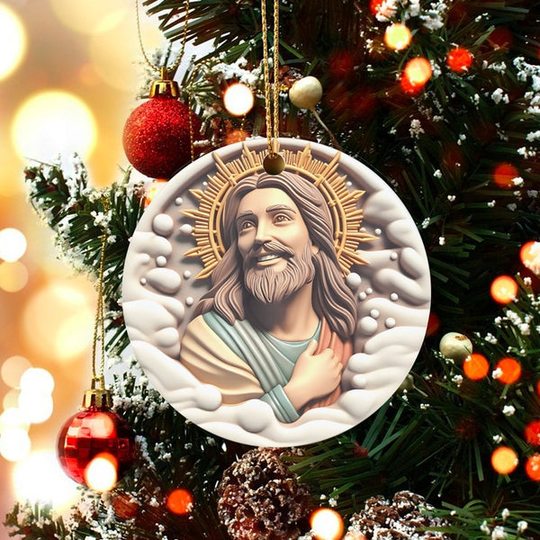 Sunburst Halo Ceramic Ornament, Jesus Christ Christmas Ornament, 3D Relief Style Religious Decor, Christian Tree Keepsake Pre