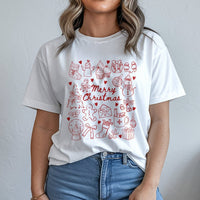Adorable Holiday Bow Graphic Tee, Merry Christmas Doodles T-Shirt, Festive Doodle Christmas Shirt, Coquette Xmas Tee, Holiday Present for Women