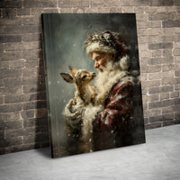 Vintage Christmas Canvas Painting, Santa Claus with Fawn Canvas Wall Art, Holiday Winter Scene Canvas Print, Festive Xmas Wall Art Decor