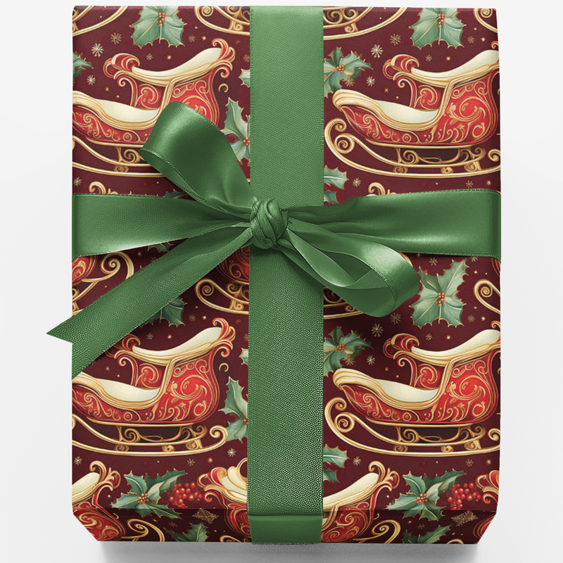 Vintage Christmas Holly Gift Wrap, Victorian Santa Sleigh Wrapping Paper, Traditional Holiday Wrapping Paper, Retro Winter Gift Wrap Roll