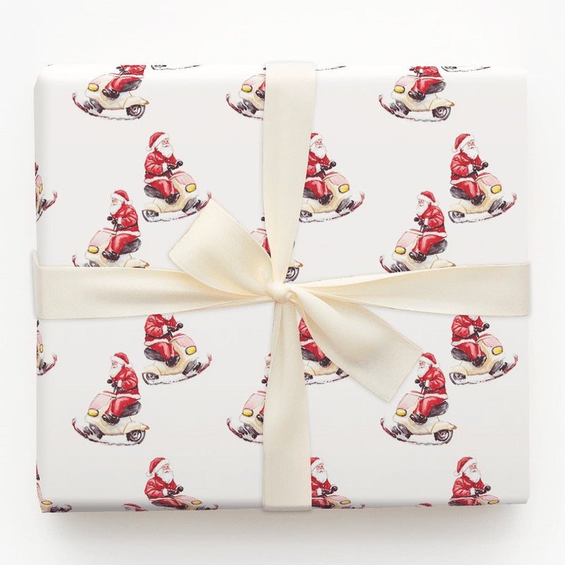 Watercolor Santa Scooter Gift Wrap, Santa Riding Scooter Wrapping Paper, Whimsical Christmas Wrapping Paper, Holiday Present Wrapping Paper
