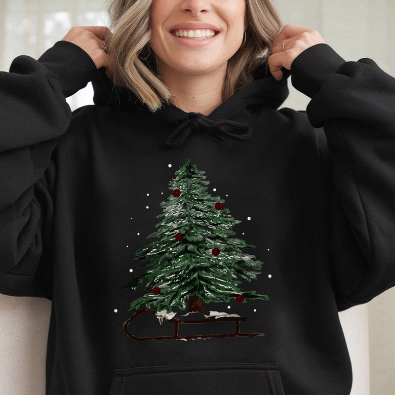 Watercolor Winter Sled Hoodie, Christmas Tree Hoodie, Holiday Sledding Pullover, Comfy Winter Christmas Hoodie, Merry Xmas Season Sweatshirt