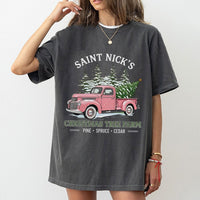 Pink Vintage Truck T-Shirt, Saint Nick's Christmas Tree Farm T-Shirt, Retro Holiday Farm Graphic T-Shirt, Adorable Xmas Tree Tee, Winter Present