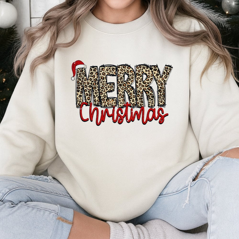 Leopard Print Festive Sweatshirt, Merry Christmas Sweatshirt, Trendy Holiday Graphic Crewneck, Comfy Winter Pullover Sweatshirt, Xmas Present