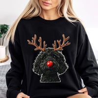 Reindeer Dog Holiday Sweater, Black Goldendoodle Christmas Sweatshirt, Adorable Doodle Dog Xmas Crewneck, Dog Mom Dog Dad Pullover Present