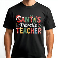 Festive Holiday School Graphic Tee, Santa's Favorite Teacher T-Shirt, Retro Educator Christmas Shirt, Adorable Teacher Christmas Holiday Top