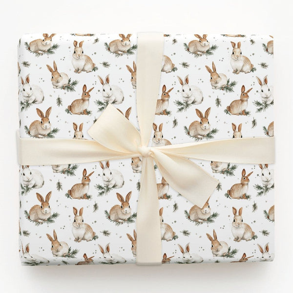 Adorable Winter Bunny Gift Wrap, Watercolor Rabbit Wrapping Paper, Pine Sprig Holiday Wrapping Paper, Nature Lover Christmas 