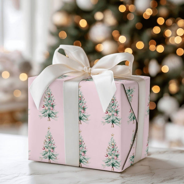 Pastel Pink Christmas Tree Gift Wrap, Watercolor Christmas Tree Wrapping Paper, Chic Holiday Wrapping Paper, Retro Xmas Tree 