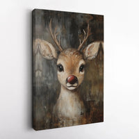Rustic Oil Painting Reindeer Canvas Print, Red Nosed Reindeer Canvas Wall Art, Christmas Holiday Canvas Art, Winter Seasonal Canvas Decor