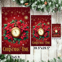 Most Wonderful Time of Year Yard Flag, Christmas Time Garden Flag, Poinsettia Clock Winter Banner, Double-Sided Holiday Lawn Flag Decor