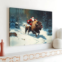 Whimsical Snowy Forest Christmas Canvas Print, Santa Riding Bison Canvas Wall Art, Holiday Buffalo Canvas Decor, Winter Holiday Canvas Art