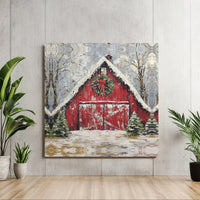 Snowy Farmhouse Winter Canvas Wall Art, Red Barn Christmas Square Canvas, Holiday Farm Landscape Canvas Print, Rustic Xmas Decor