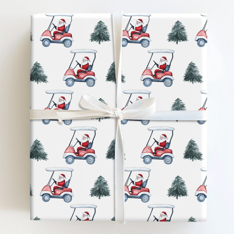 Humorous Golfer Christmas Gift Wrap, Santa Driving Golf Cart Wrapping Paper, Watercolor Golf Holiday Wrapping Paper, Winter Present Paper