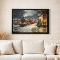 Snowy Railway Station Canvas Print, Christmas Steam Train Canvas Wall Art, Festive Winter Holiday Canvas, Train Lover Wall Decor Xmas Present