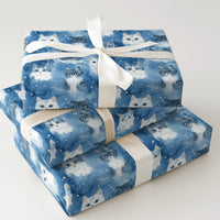 Snowy Blue Kitten Holiday Gift Wrap, Watercolor Winter Cat Wrapping Paper, Adorable Pet Lover Wrapping Paper, Comfy Christmas Cat Present Wrap