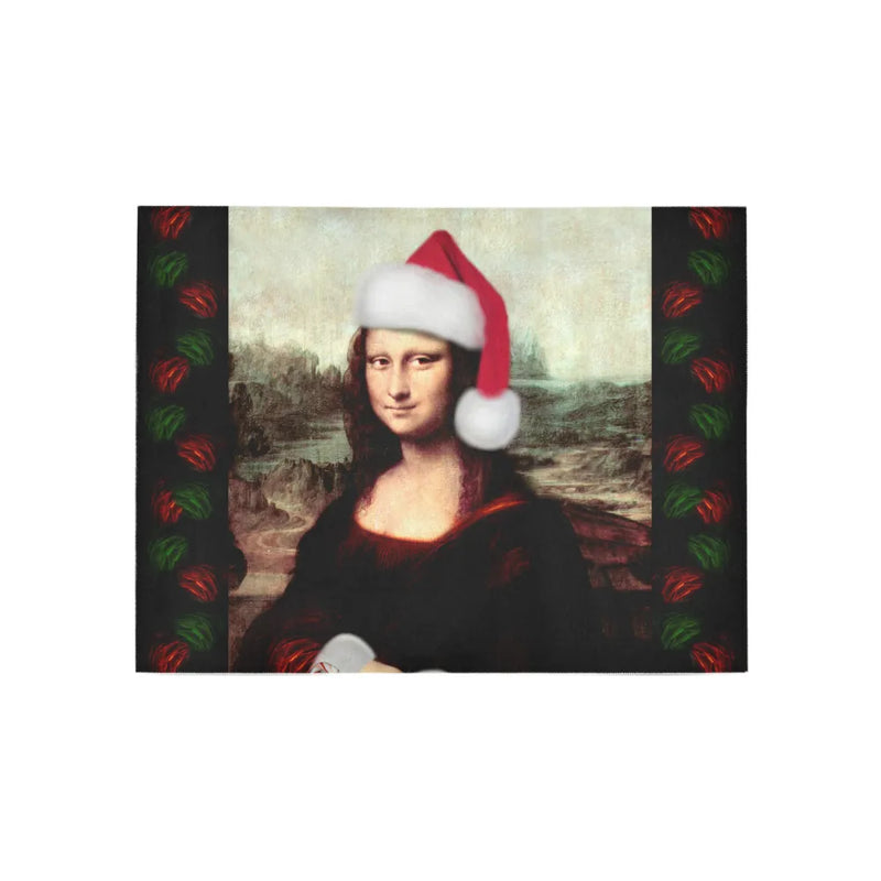 Santa Hat Humorous Art Hallway Rug, Christmas Mona Lisa Runner Rug, Festive Holiday Floor Rug, Non Slip Kitchen Runner Rug Decor Present