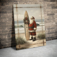 Christmas Wreath Surfer Santa Canvas Print, Surfing Santa Coastal Wall Art, Holiday Beach House Decor, Tropical Christmas Canvas Art