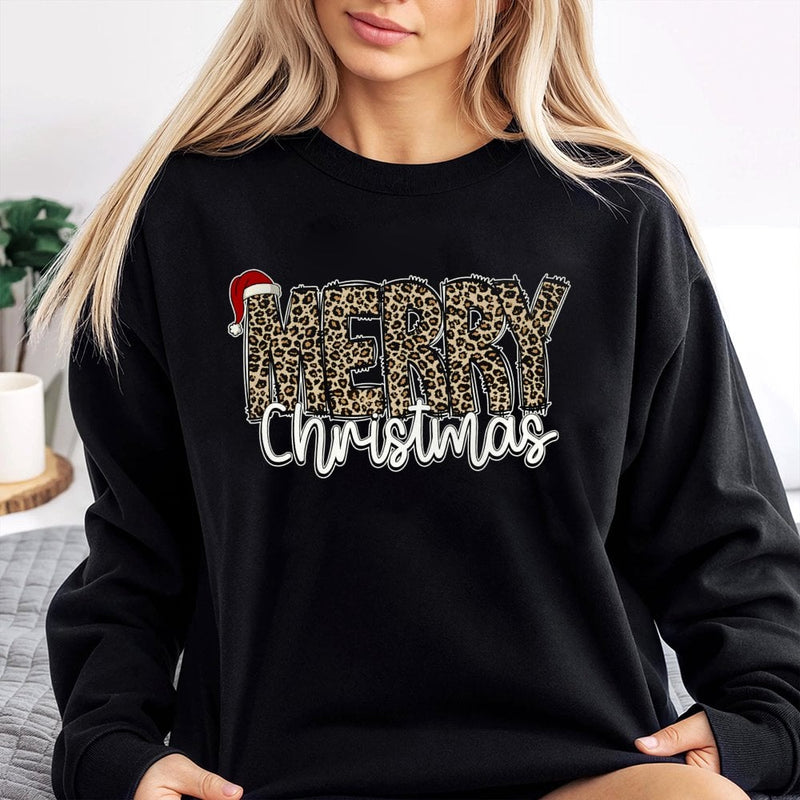 Leopard Print Santa Hat Holiday Crewneck, Merry Christmas Sweatshirt, Adorable Christmas Graphic Pullover, Comfy Winter Holiday Xmas Sweater