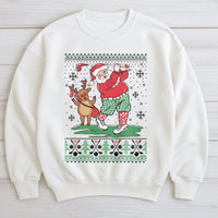 Humorous Reindeer Golfer Sweater, Golf Santa Christmas Sweatshirt, Holiday Golfing Graphic Crewneck, Ugly Christmas Golfer Pullover Present