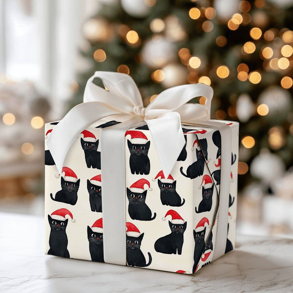 Festive Santa Hat Kitten Gift Wrap, Black Cat Christmas Wrapping Paper, Adorable Holiday Kitty Pattern Wrapping Paper, Cat Lo