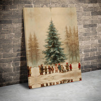 Children in Snowy Forest Scene Poster, Vintage Christmas Tree Wall Art Print, Nostalgic Holiday Winter Art, Digital Download Present