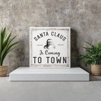 Vintage Santa Claus Square Canvas Print, Santa Is Coming to Town Canvas, Retro Holiday Typography Canvas Art, Christmas Wall Decor Canvas