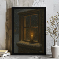 Comfy Candle Canvas Print, Winter Snowy Window Canvas Wall Art, Warm Holiday Canvas Wall Decor, Christmas Season Wall Art, Comfy Home Present