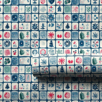 Folk Art Tile Gift Wrap, Scandinavian Christmas Wrapping Paper, Watercolor Tree Snowflake Wrapping Paper, Nordic Holiday Gift Wrap Roll