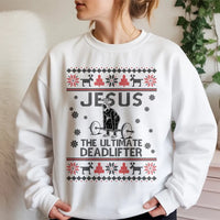 Humorous Gym Xmas Sweatshirt, Jesus Deadlifter Ugly Christmas Sweatshirt, Christian Weightlifting Holiday Sweatshirt, Fitness Lover Sweater
