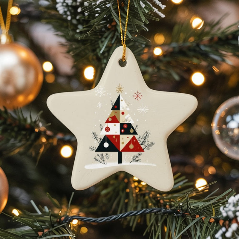 Mid-Century Modern Star Ornament, Geometric Christmas Tree Star Ornament, Ceramic Holiday Star Ornament, Retro Festive Tree Decor Present