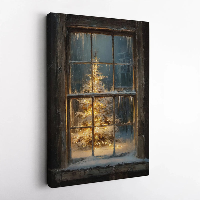 Rustic Winter Holiday Wall Art, Christmas Tree Snowy Window Canvas, Comfy Snowy Tree Canvas Art, Frameless Holiday Canvas, Winter Home Present