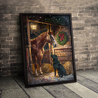 Snowy Barn Canvas Print, Horse and Black Labrador Christmas Canvas, Winter Farm Scene Wall Art, Holiday Dog Canvas Decor, Xmas Home Present