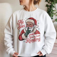 Humorous Bookish Santa Crewneck, He Sees What You've Been Reading Sweatshirt, Smut Reader Christmas Sweater, Booktok Romantasy Present