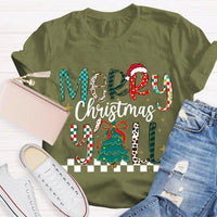 Colorful Christmas Tree Typography Tee, Merry Christmas Y'all Shirt, Southern Holiday Graphic T-Shirt, Family Xmas Apparel Present