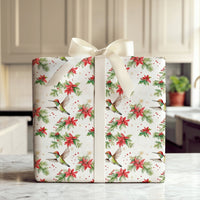 Watercolor Bird Gift Wrap, Hummingbird Christmas Wrapping Paper, Festive Poinsettia Holly Paper, Holiday Gift Wrap Roll