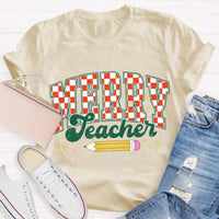 Holiday Educator Graphic Tee, Plaid Pencil Merry Teacher Christmas T-Shirt, Adorable Winter School Teacher Shirt, Christmas Teacher Present