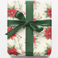 Watercolor Floral Gift Wrap Roll, Poinsettia Christmas Wrapping Paper, Holiday Poinsettia Gift Wrap, Botanical Xmas Paper Roll