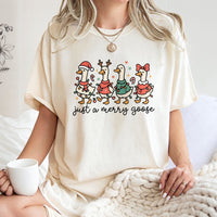 Humorous Holiday Santa Hat Bird Tee, Christmas Goose T-Shirt, Festive Goose Lights Graphic Shirt, Adorable Xmas Animal Lover T-Shirt Present
