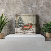 Snowy Pine Tree Forest Canvas Wall Art, Vintage Christmas Sleigh Square Canvas, Rustic Winter Canvas Print, Holiday Farmhouse