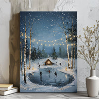Snowy Cabin Canvas Print, Winter Ice Skating Canvas Wall Art, Fairy Lights Holiday Canvas Decor, Christmas Landscape Artwork, Winter Present