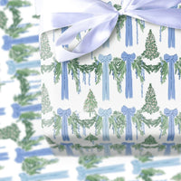 Watercolor Blue Bows Green Garland Gift Wrap, Christmas Wrapping Paper, Elegant Holiday Present Paper, Festive Christmas Wrapping Paper Roll