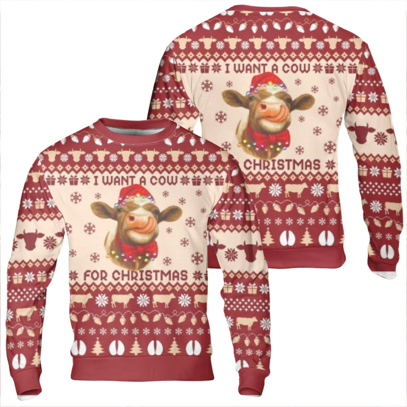Highland Cow Santa Hat Sweater, I Want a Cow for Christmas Sweatshirt, Adorable Farm Animal Holiday Pullover, Festive Winter Crewneck, Xmas Present